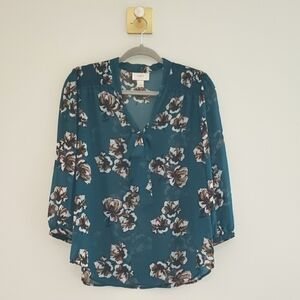 LOFT Floral Sheer Peasant Blouse Small Teal Brown Smocking Office Work Career